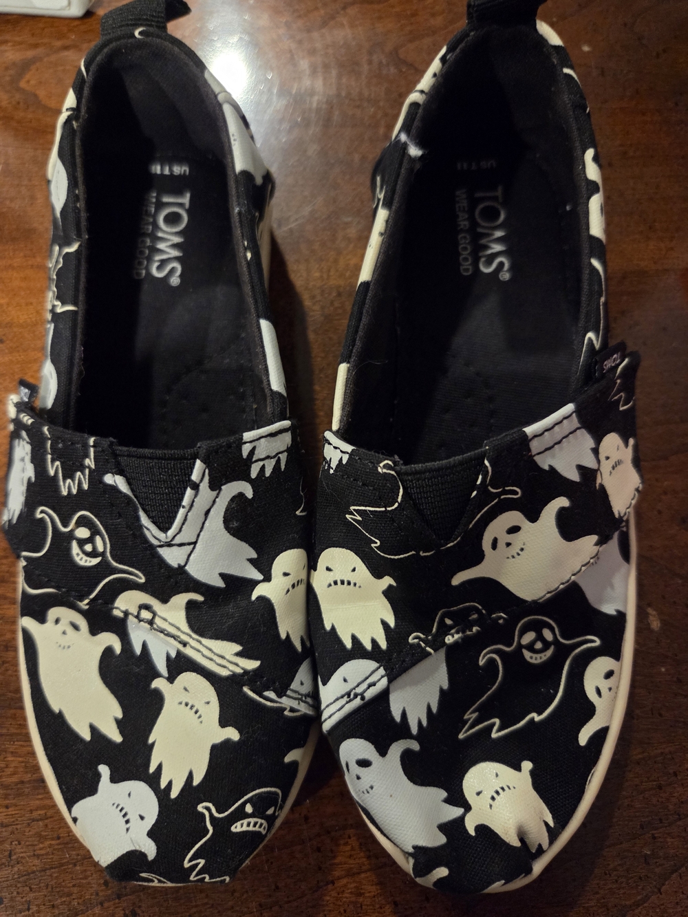 TOMS Black Canvas Slip-On Shoes with White Ghost Print Size 11